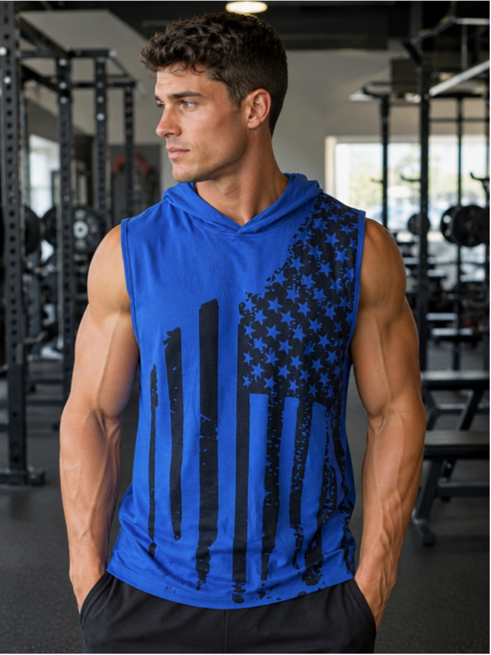 Men's Unbranded Sleeveless Hoodie XXL Blue Black Flag Print